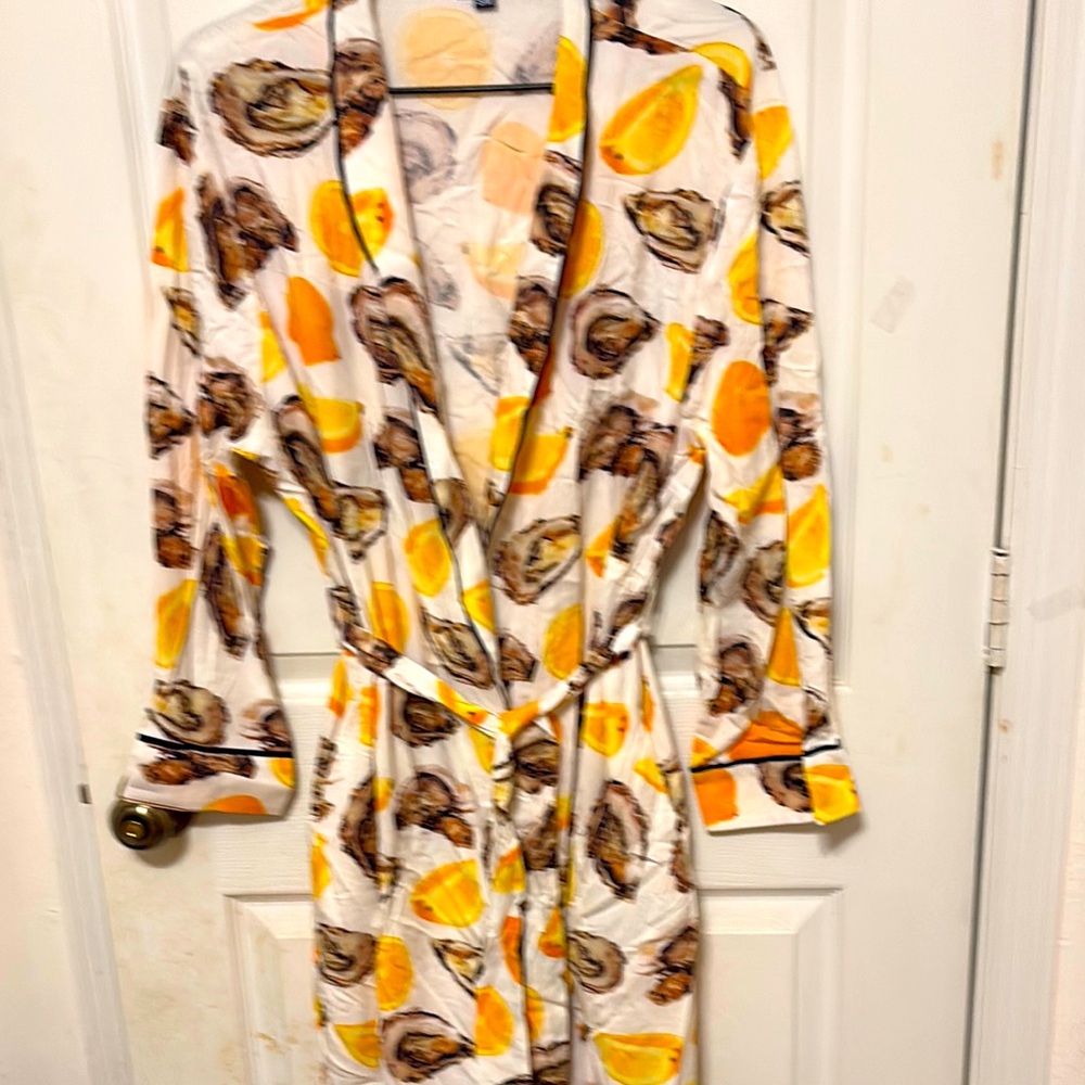 Katie Kime Lightweight Printed Robe - White with Yellow & Brown Accents S/M